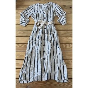 NWT Blu Pepper Stripe Dusk Midi Dress. Black and Ivory stripe 3/4 sleeve linen.